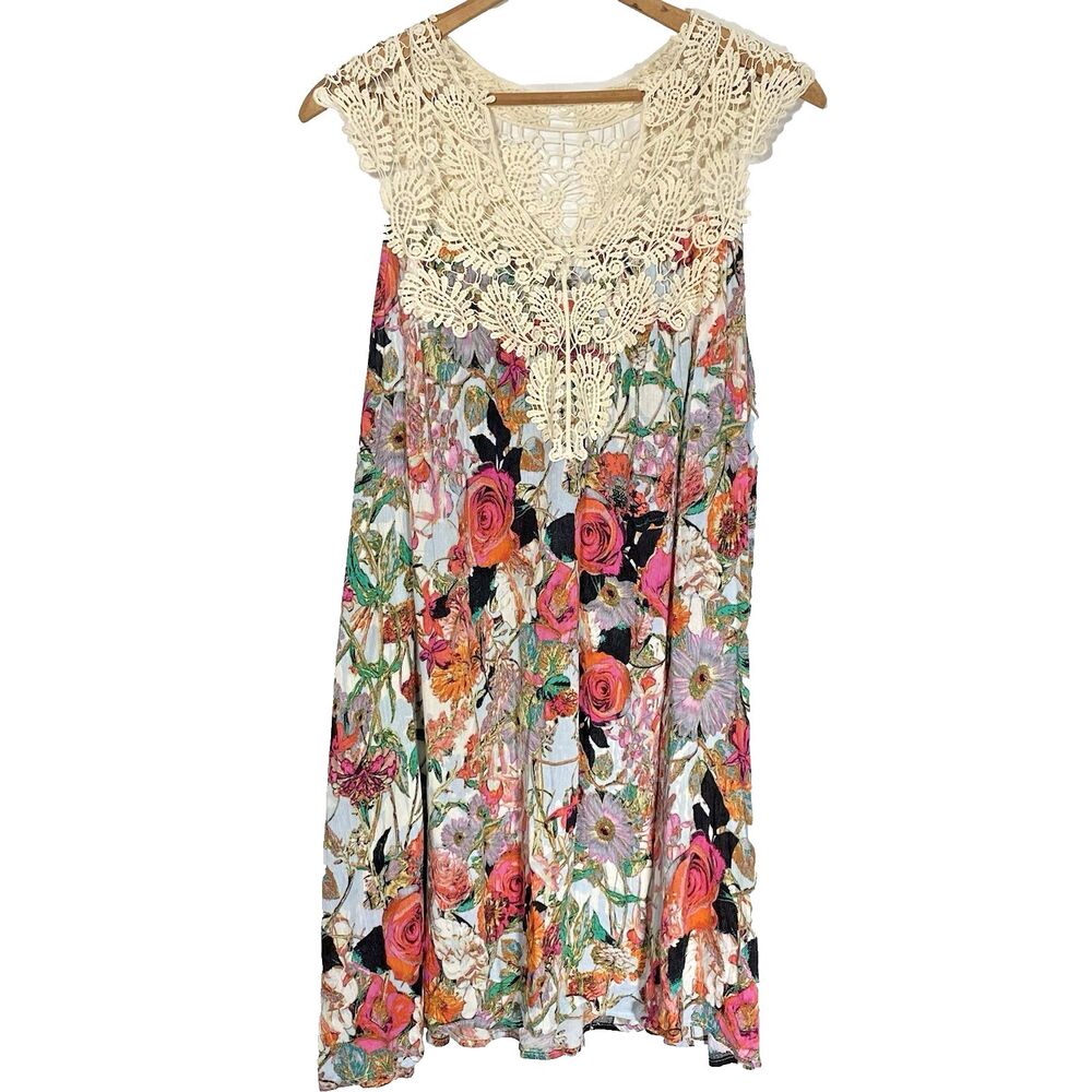 Umgee Sleeveless Mini Dress Floral Lace V-Neck Boho Feminine Beach  Womens S